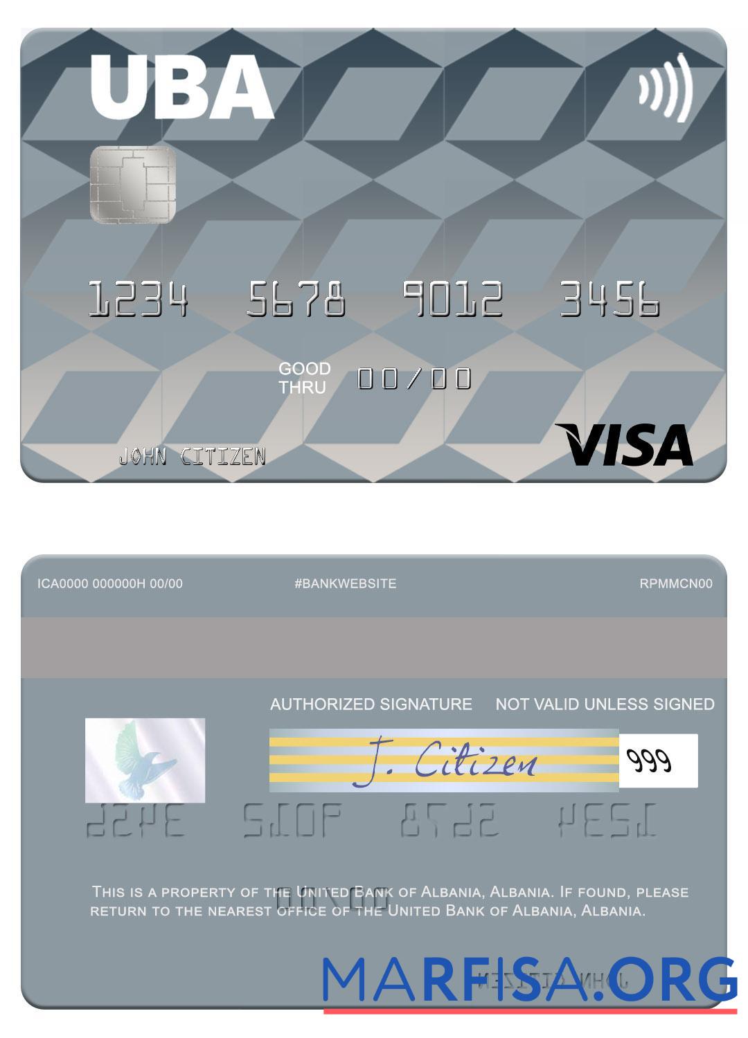 Blank Albania United Bank of Albania visa card sample